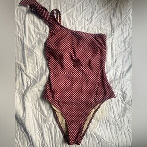 Peony Swim: One-Shoulder Burgundy Gingham Checkered Swimsuit